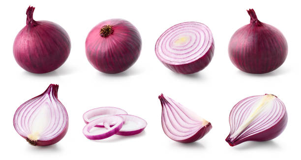set of various whole and sliced red onions isolated on white background